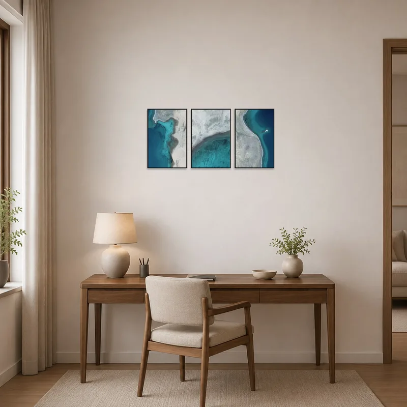 Home office featuring aerial coastal prints creating a serene work atmosphere.