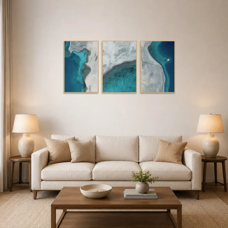Triptych prints of aerial coastal views enhancing a serene living room ambiance.