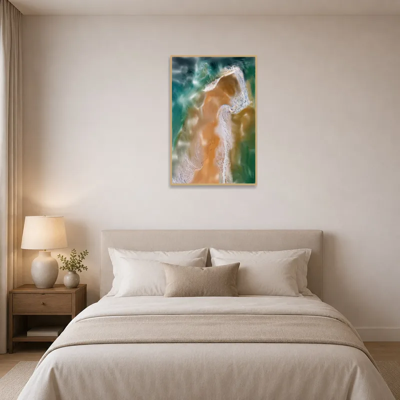 Peaceful ocean scene enhances the bedroom's tranquility.
