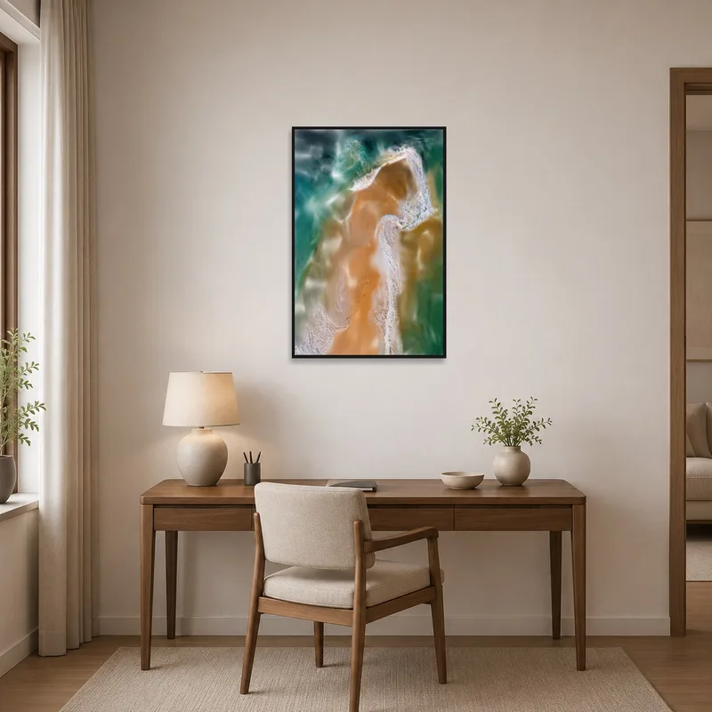 Waves and sand view inspires calm in the home office.