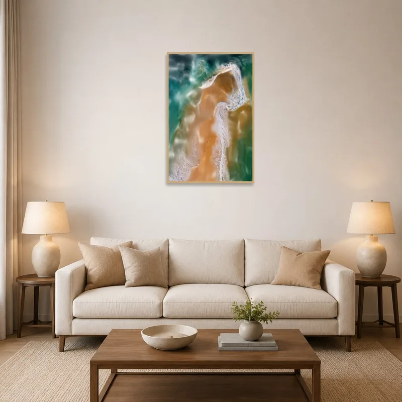 Aerial ocean view with waves gracing the living room wall.