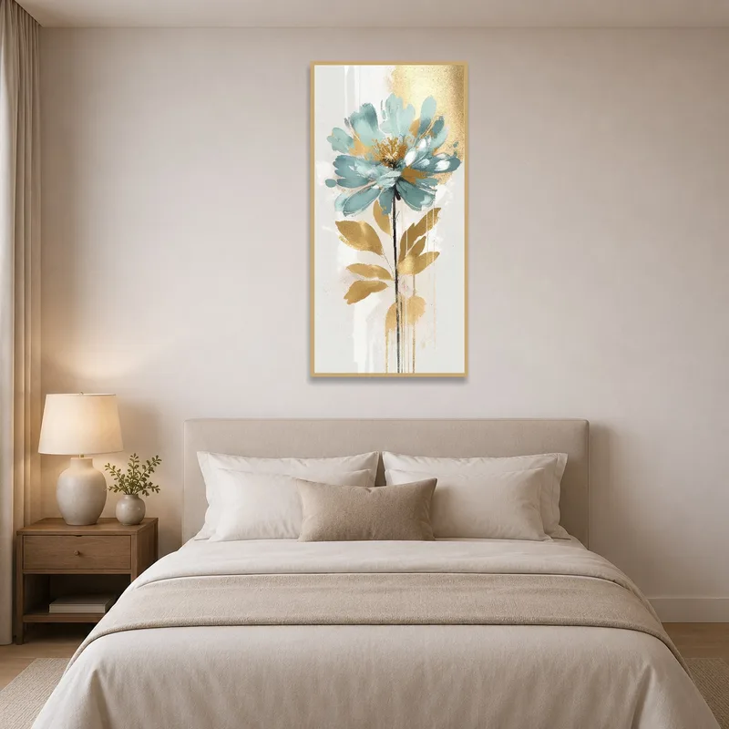 Bedroom serenity elevated by aqua and gold floral vertical artwork.
