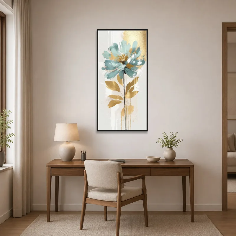 Home office stylishly adorned with aqua and gold floral vertical piece.
