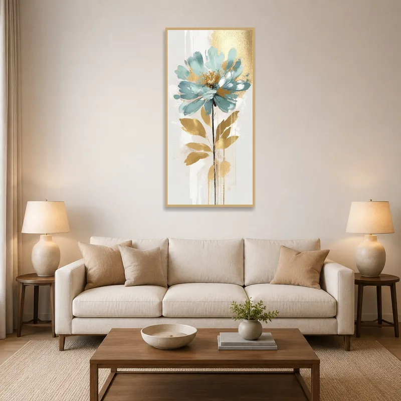 Vertical aqua and gold floral artwork enhances the living room ambiance.