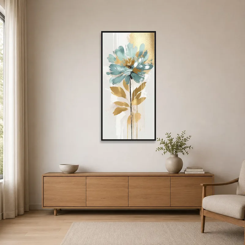 Minimalist room with a striking aqua and gold floral vertical piece.