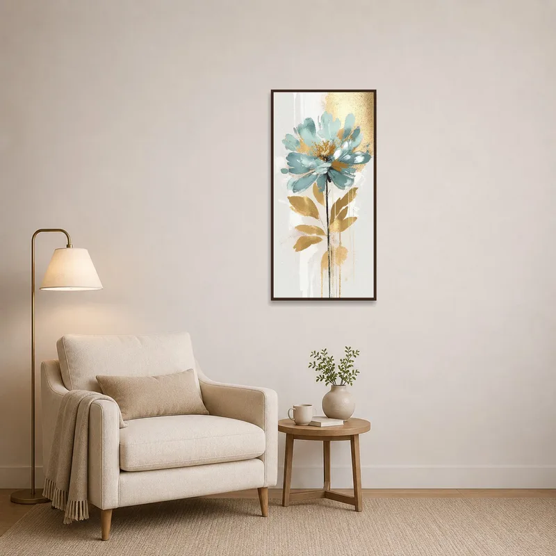 Reading corner enriched by a vertical aqua and gold floral art.