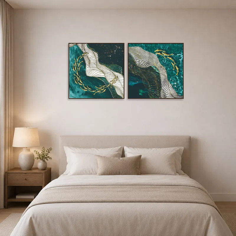Peaceful ambiance in a bedroom featuring the Aquatic Harmony art print set.
