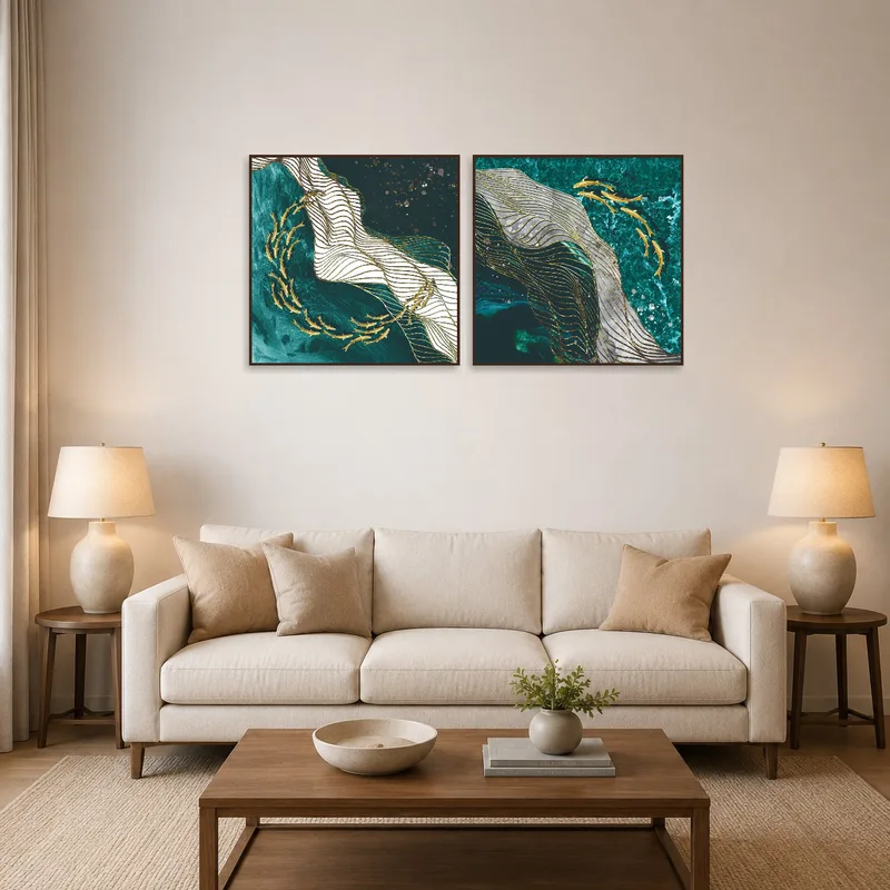 Aquatic Harmony abstract art print set displayed above a modern living room sofa.