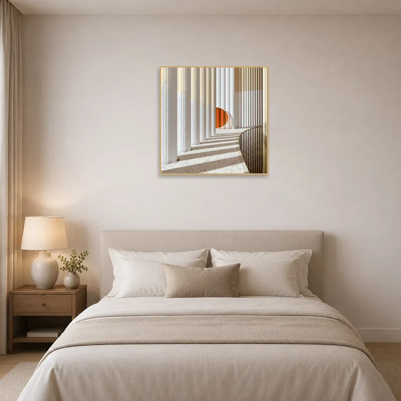Sophisticated artwork with architectural elements creating a calming and elegant vibe in a peaceful bedroom.