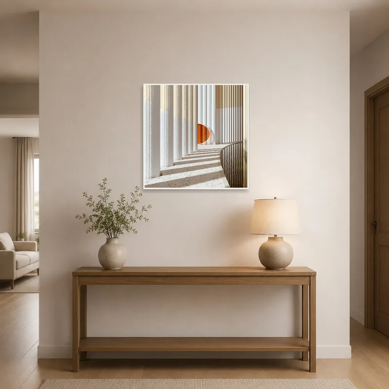 Art piece with architectural details welcoming guests in the entrance hall, adding elegance to the space.