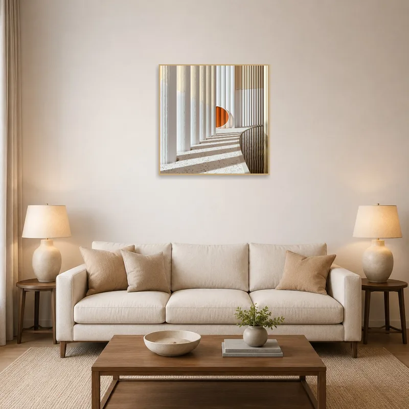 Wall art depicting architectural elegance displayed as a focal point above a modern sofa in a chic living room.