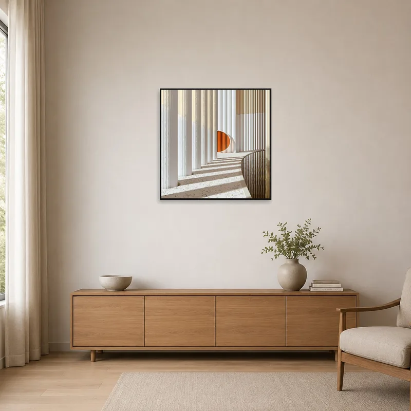 Soft-hued architectural art piece enhancing the serene simplicity of a minimalist room with subtle sophistication.