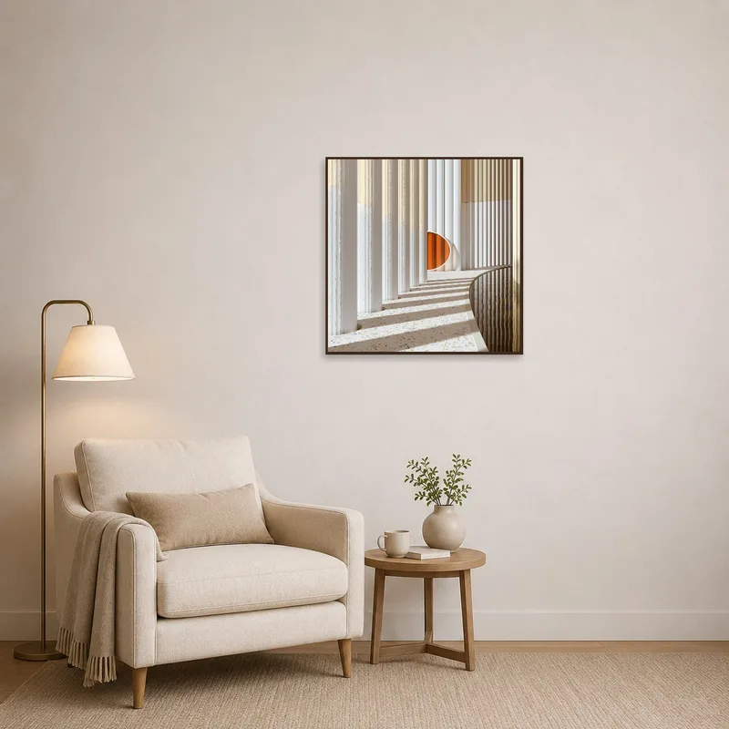 Charming wall art showcasing architecture adding a tranquil touch to a cozy reading corner.