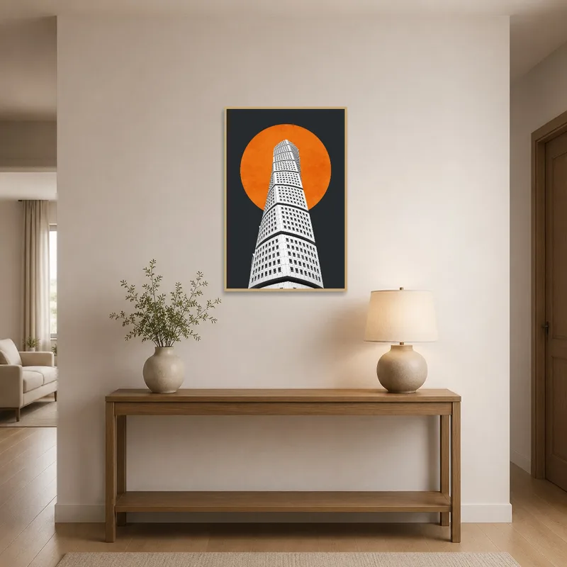 Entrance hall featuring a wall with architectural tower art and an orange sun design.