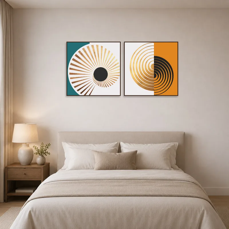 Art Deco prints creating a chic and calming atmosphere in a bedroom.
