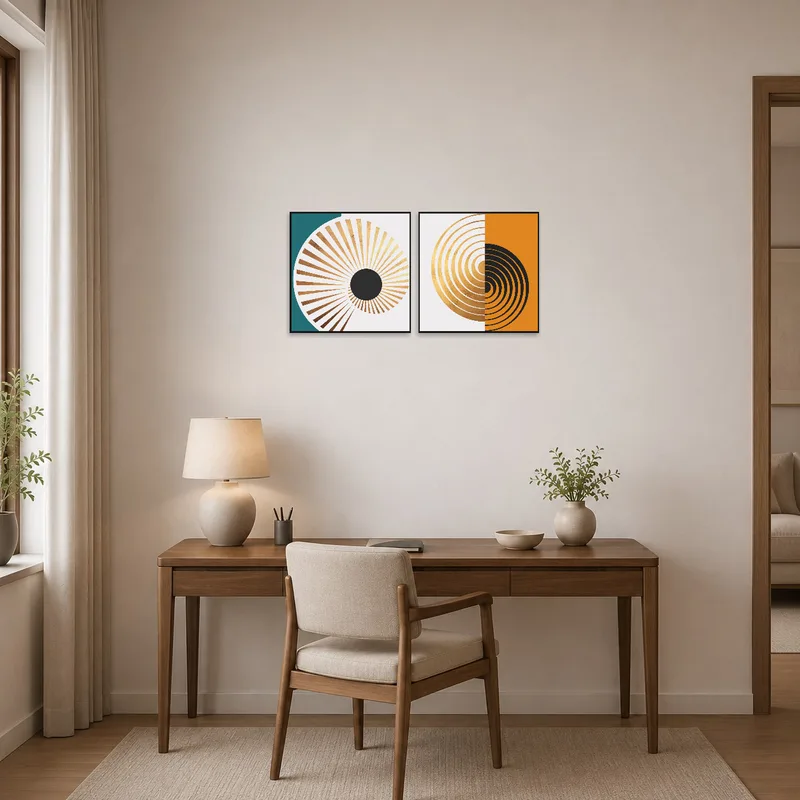 Geometric print duo inspiring creativity in a contemporary home office.