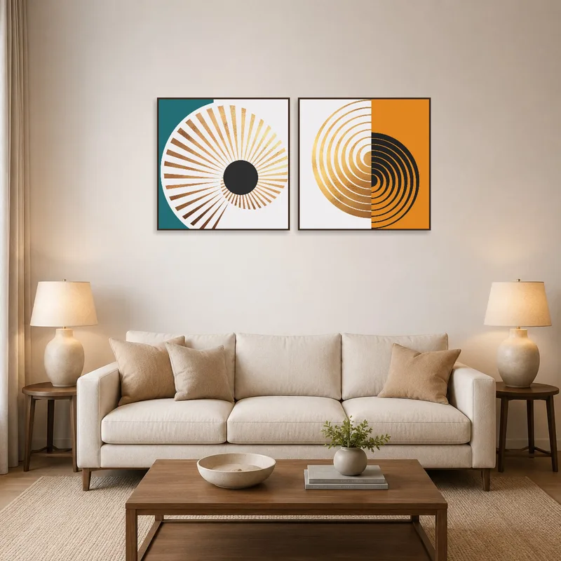 Art Deco geometric print set displayed above a modern sofa in a stylish living room.