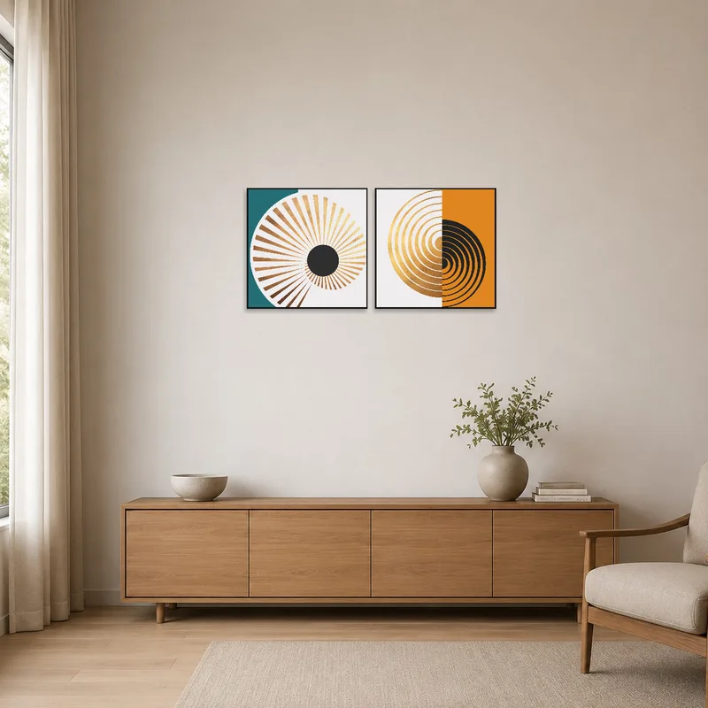 Geometric print set enhancing the sleek, simple lines of a minimalist room.
