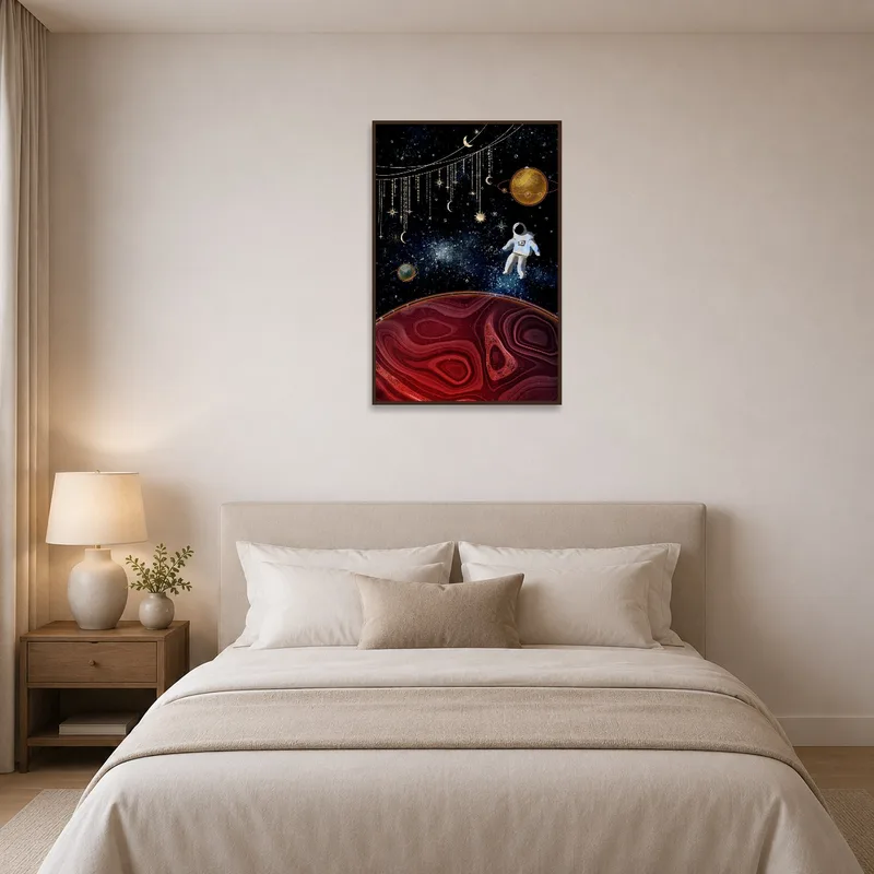 Calming astronaut imagery creating a serene atmosphere in the bedroom.