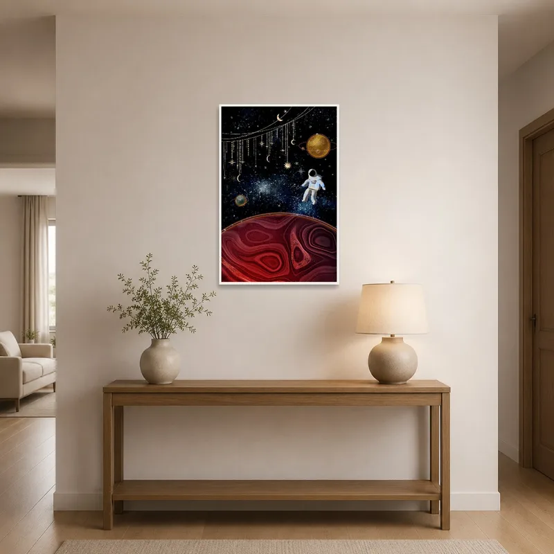 Inviting astronaut-themed art adding intrigue to the entrance hall.