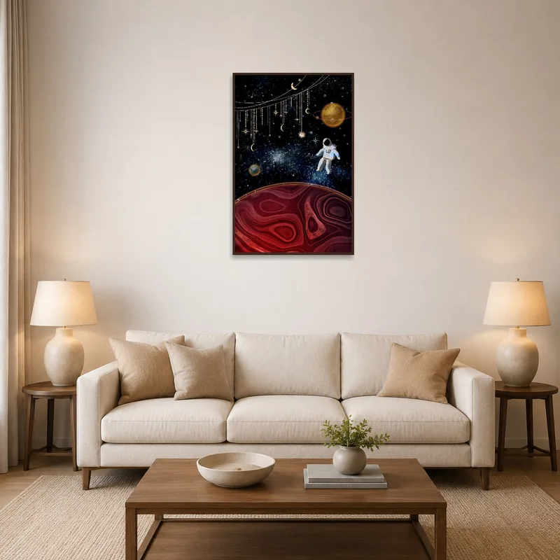 A vibrant astronaut artwork bringing a cosmic vibe to the living room.