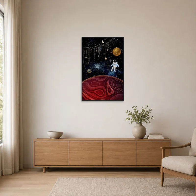 Sleek astronaut piece enhancing the minimalist space.