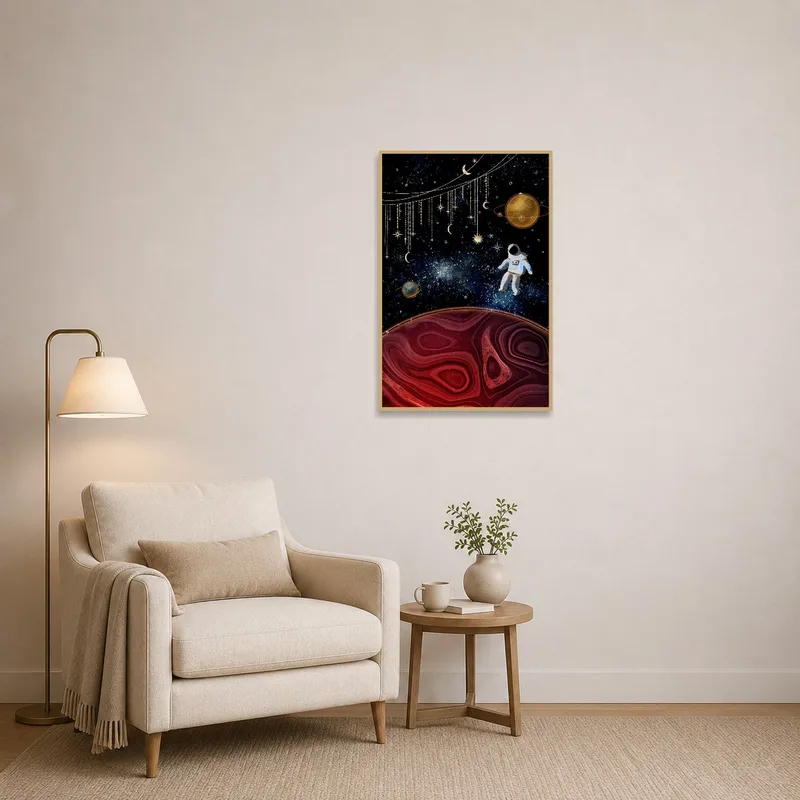 Dreamy astronaut wall art inspiring imagination in the reading corner.