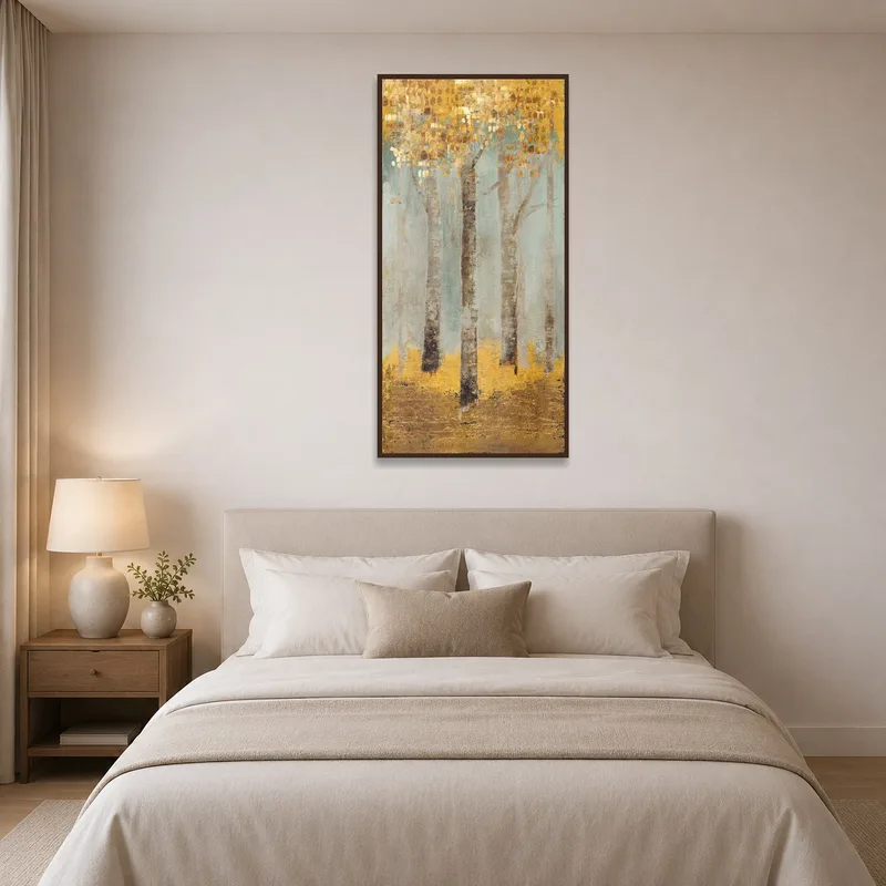 Relaxing birch forest canvas complements a tranquil bedroom.