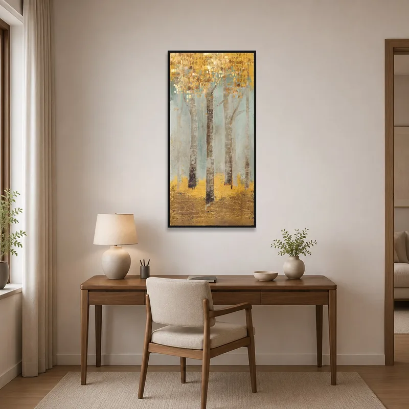 Birch forest art piece brings nature's touch to a home office.