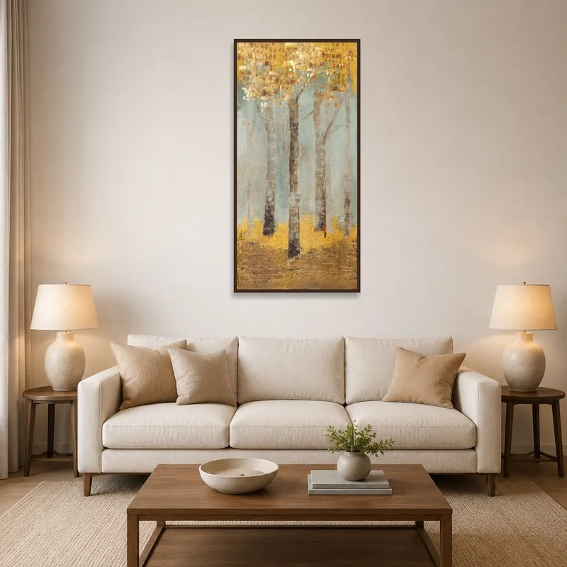 Textured art of a birch forest hangs above a cozy living room sofa.