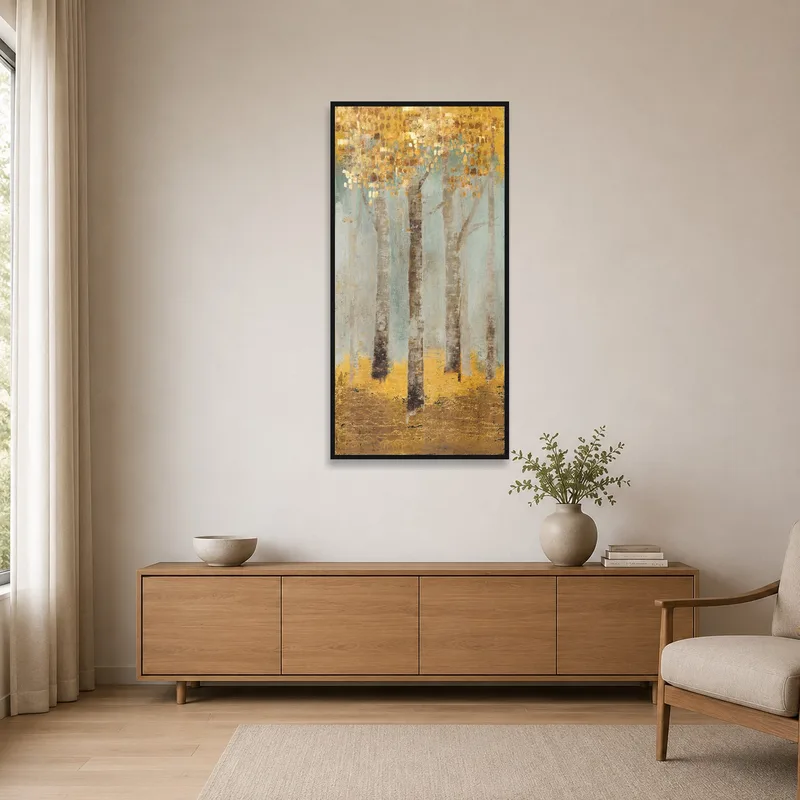 Simple birch forest canvas adds warmth to a minimalist space.