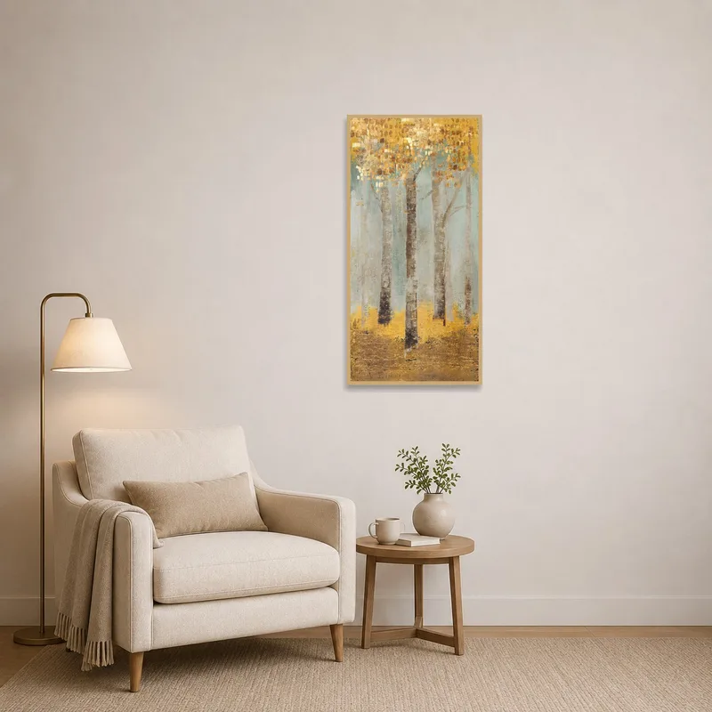 A calm reading corner enhanced by art of a serene birch forest.