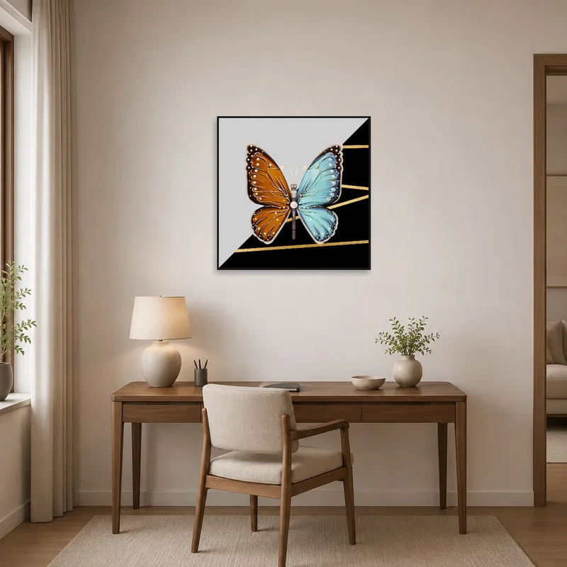 Butterfly artwork enhancing focus in the home office.