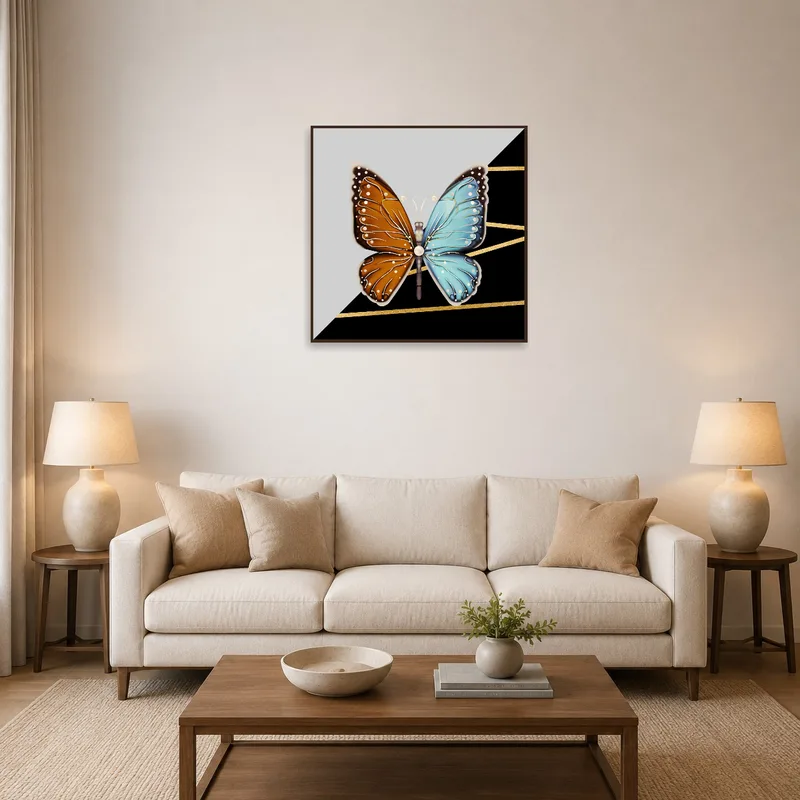 A butterfly artwork adding elegance to the living room wall.
