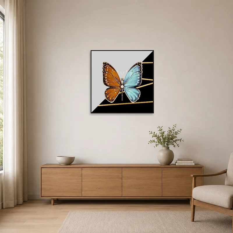Symmetrical butterfly art complementing a minimalist space.