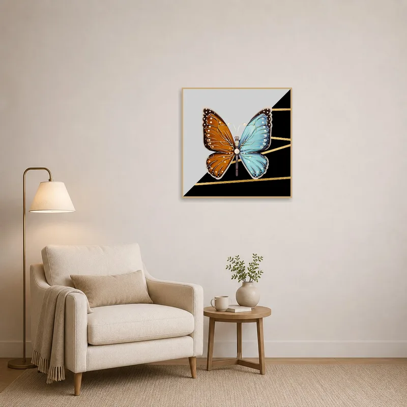 Butterfly art creating a cozy vibe in the reading corner.