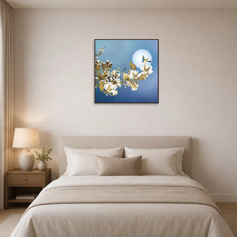 Tranquil bedroom adorned with a calming birds and blossoms night scene.