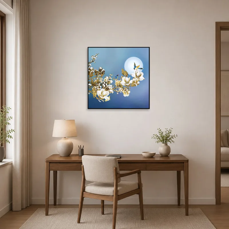 Inspiring home office highlighted by birds and blossoms under moonlit sky.
