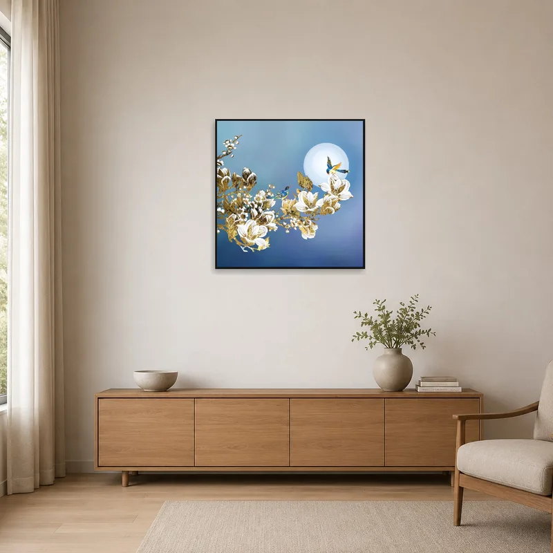 Sleek and simple space featuring a birds under moonlit sky print.