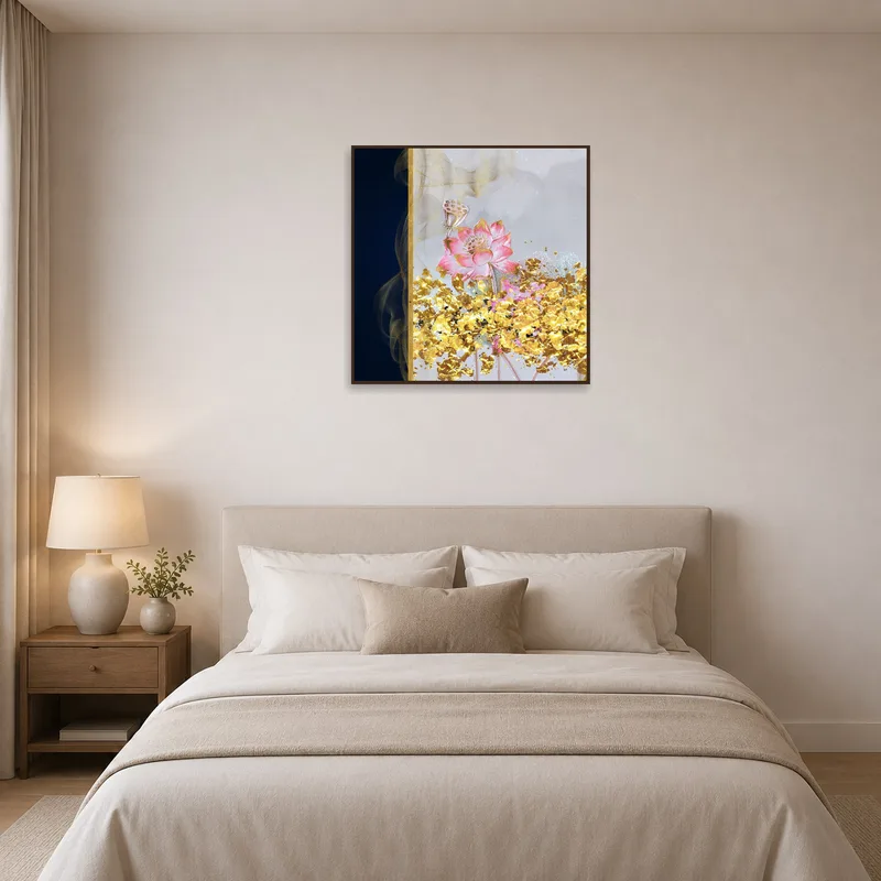 Elegant Blooming Lotus artwork with gold accents adds serenity to a spacious bedroom.
