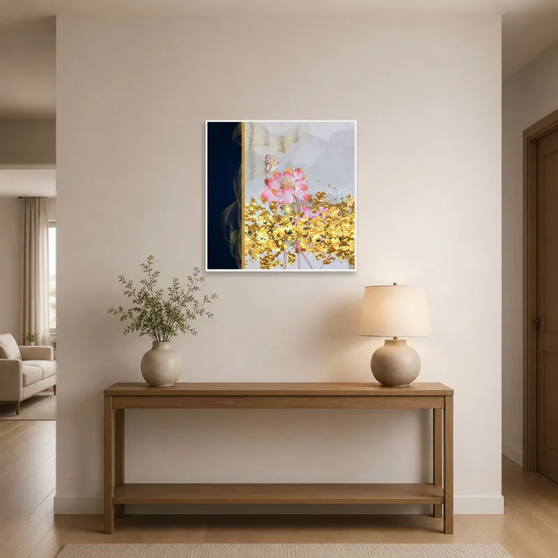 A square print of a lotus with golden accents enhances the elegance of an entrance hall.