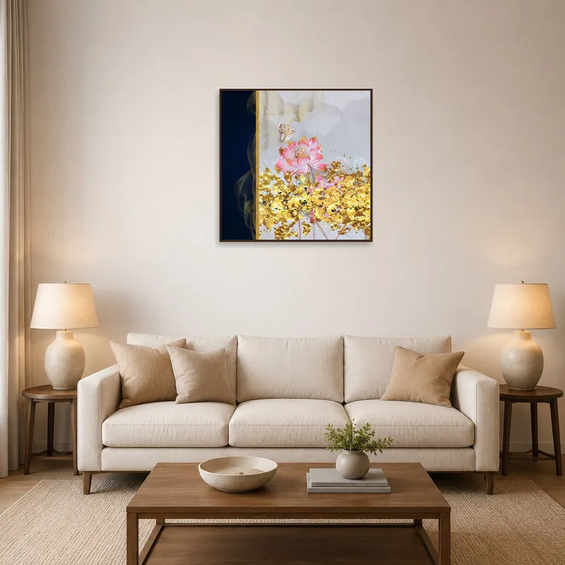 Blooming Lotus print with golden accents displayed above a modern sofa in a cozy living room.