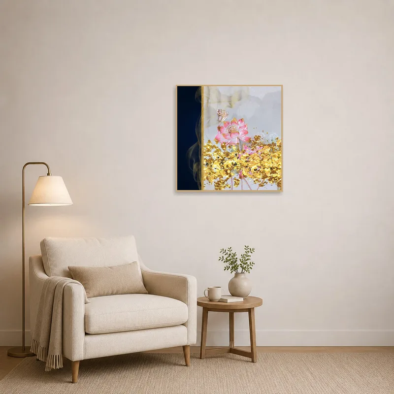Lotus with golden details brings tranquility to a cozy reading corner with a comfy chair.