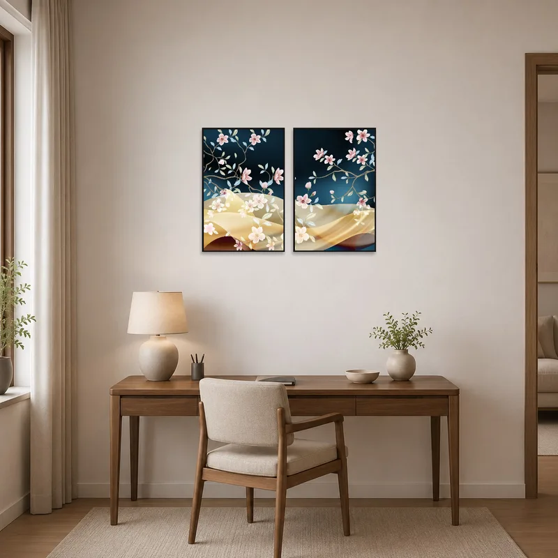 Floral prints infusing nature into a home office space.