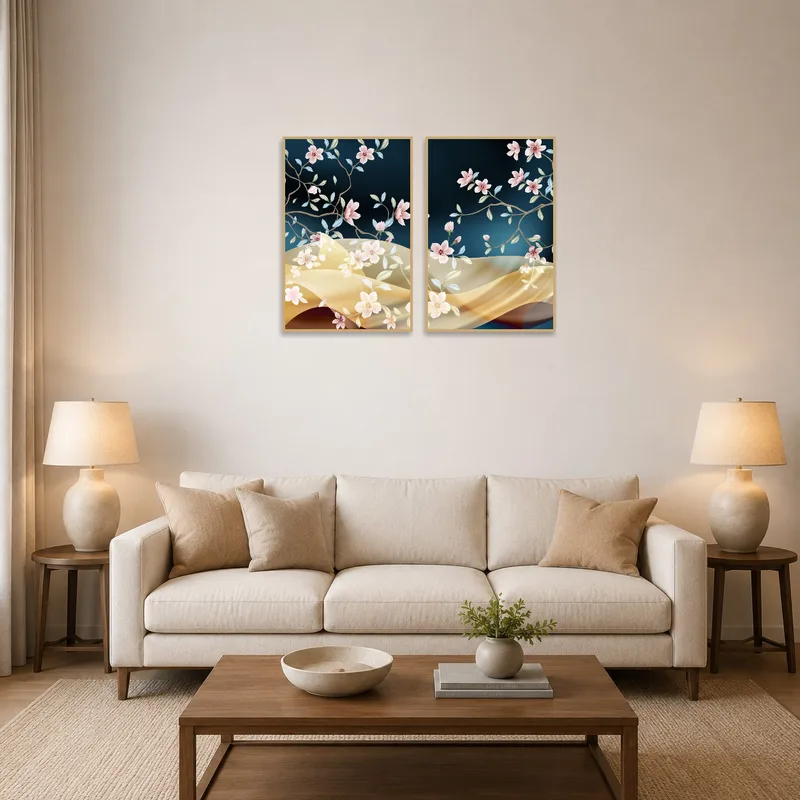 Set of floral prints adding color to a living room wall.