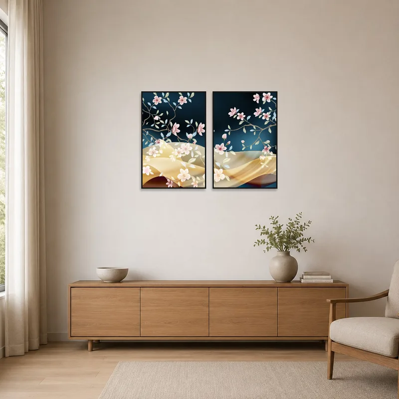 Floral prints enhancing a minimalist room's aesthetics.
