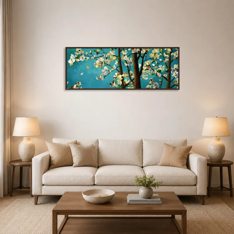 Turquoise artwork of blossoming tree branches adds vibrancy above a living room sofa.