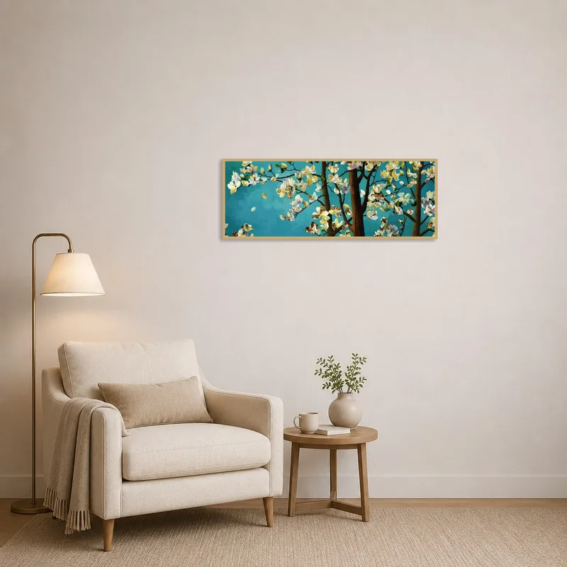 Turquoise blossoms artwork enhances tranquility in a cozy reading corner.