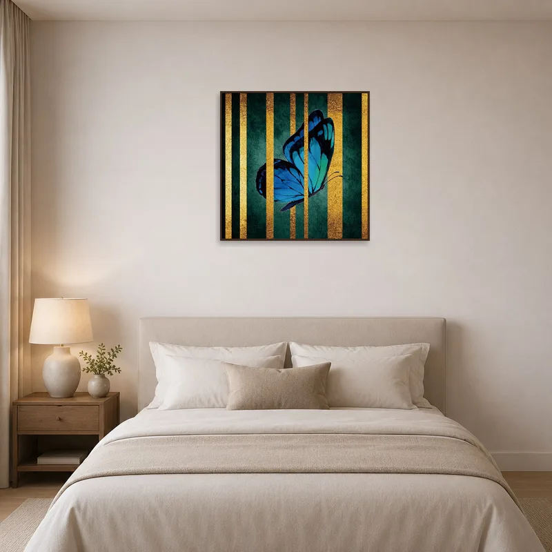 Blue butterfly on gold background brings serenity and style to the bedroom.