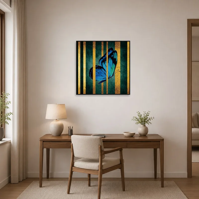Enhances the home office vibe with bold blue butterfly and shimmering gold tones.